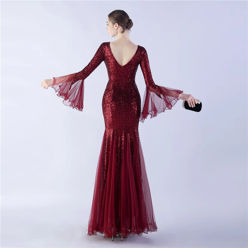 Vestido de noche con lentejuelas, bordado de malla encriptada, estilo artesanal de seda de pez y borde ondulado. view 47