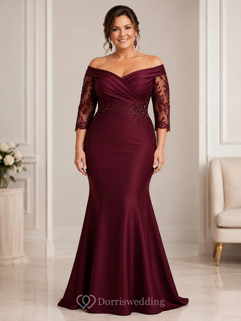 Burgundy Off Shoulder Mermaid Mother Gown Burgundy Off-the-shoulder Sweetheart Mermaid Floor-length Sweep Train