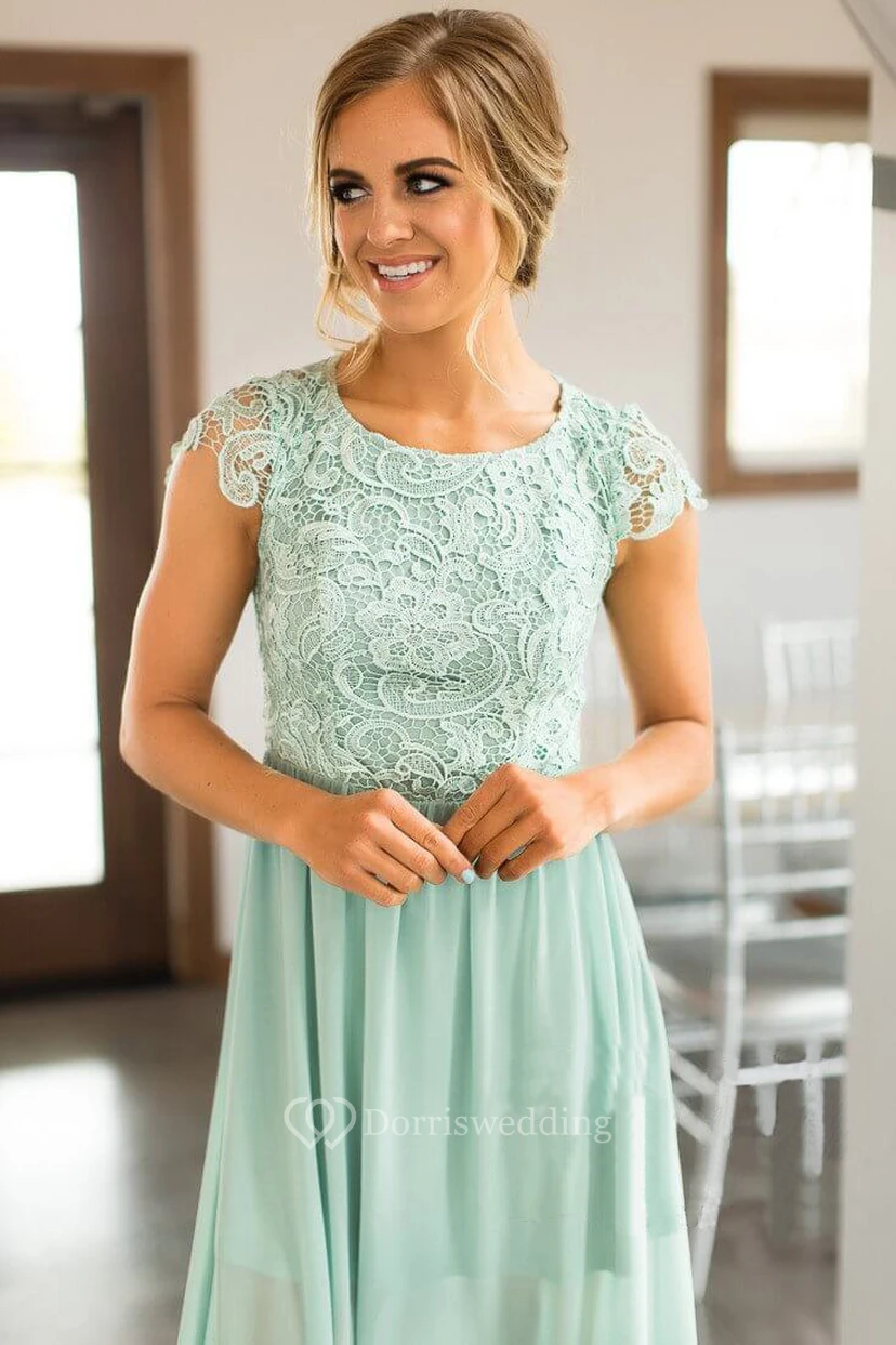 Chiffon Scoop-neck Cap-sleeve Long Bridesmaid Dress with Applique view 4