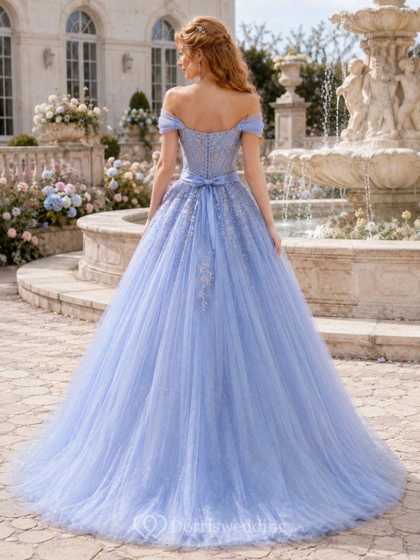 Sky Blue Tulle Off-the-Shoulder Sash Ball Gown Floor-Length Romantic Prom Dress view 2