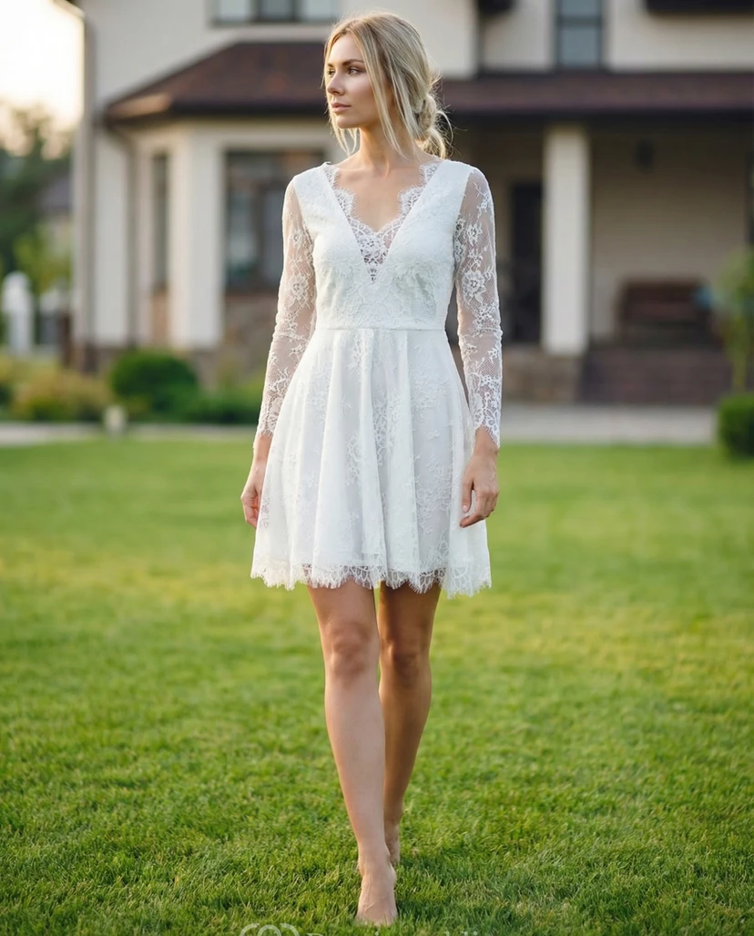 Long Sleeve Lace Short Wedding Gown