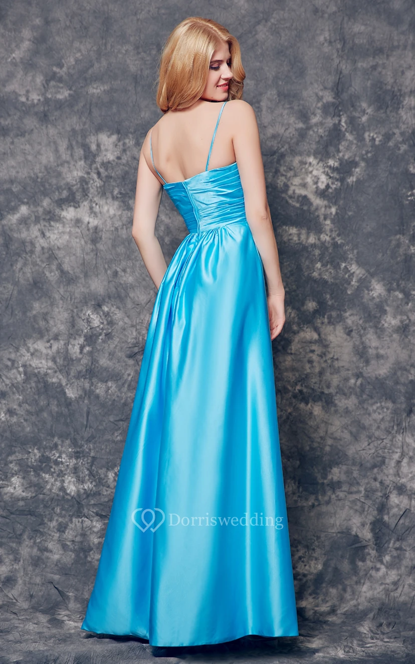 A-line Long Satin Dress With Spaghetti Straps view 2