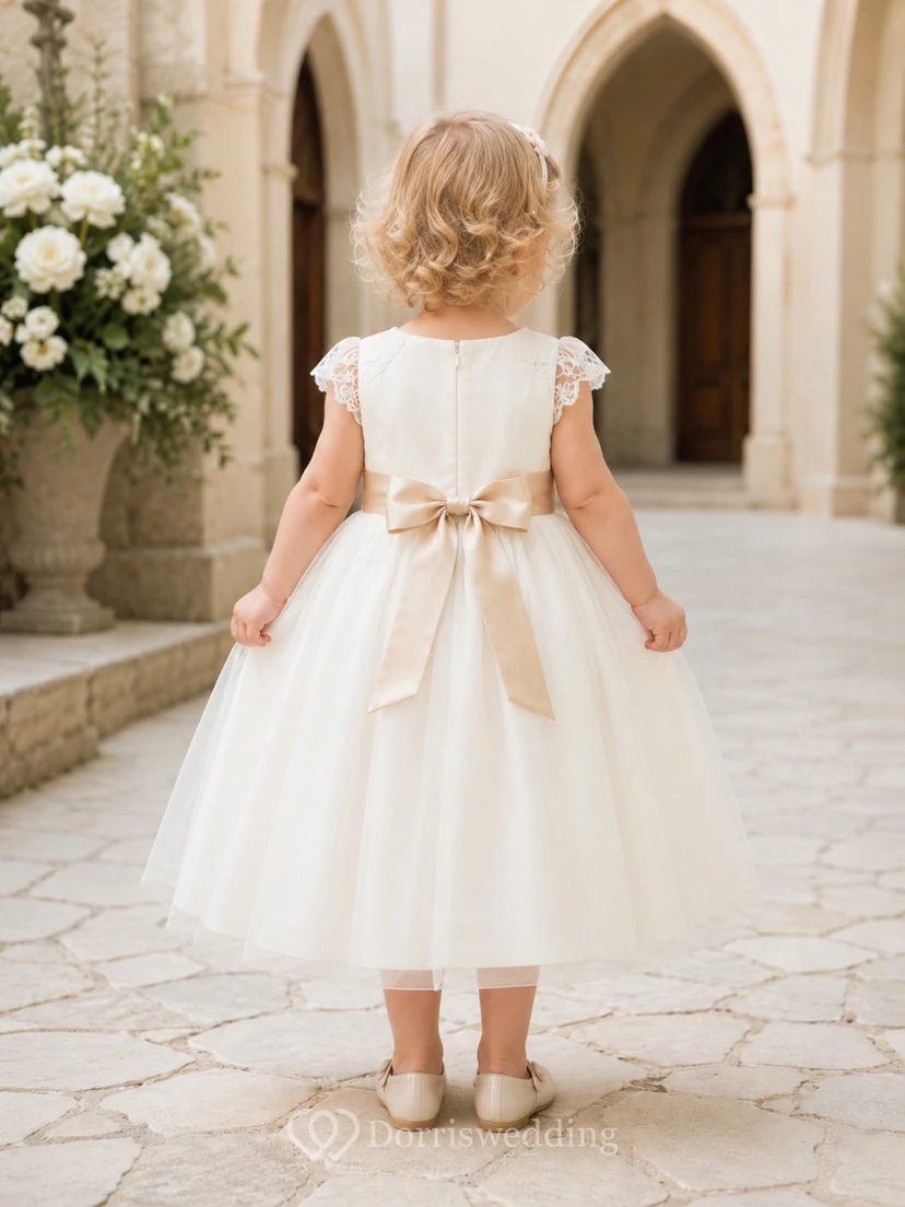 Baby Baptism Christening Ceremony Dress A-Line Tea-Length Jewel Neck Short Sleeve Tulle Ribbon Sash Bow Back Button Back view 2