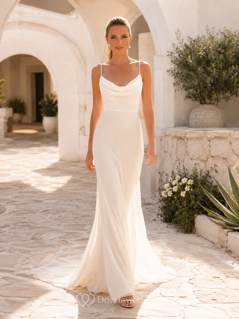 Minimal Spaghetti Cowl Neck Sleeveless Chiffon Mermaid Sweep Train Summer Wedding Gown