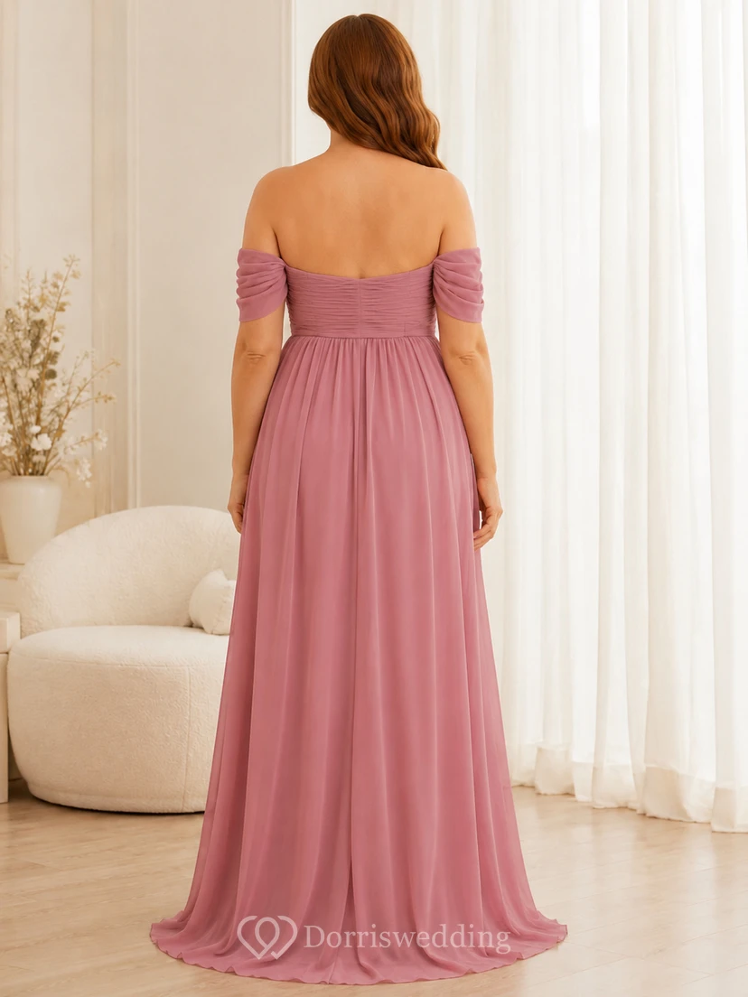 Rosewater Umstandskleid, bodenlang, schulterfrei, kurzärmelig, Chiffon, romantisch, in Altrosa, Empire-Stil view 2