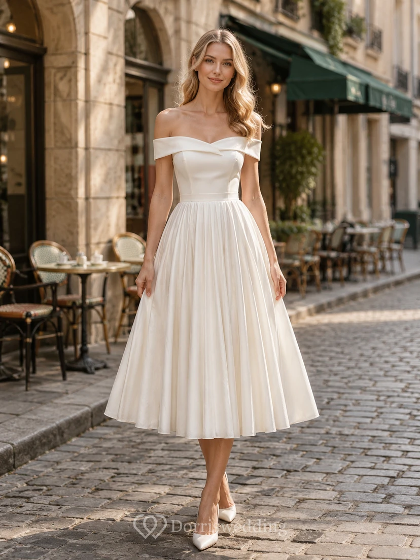 Vestido de novia europeo de estilo café callejero, largo hasta la rodilla, con hombros descubiertos y pliegues.