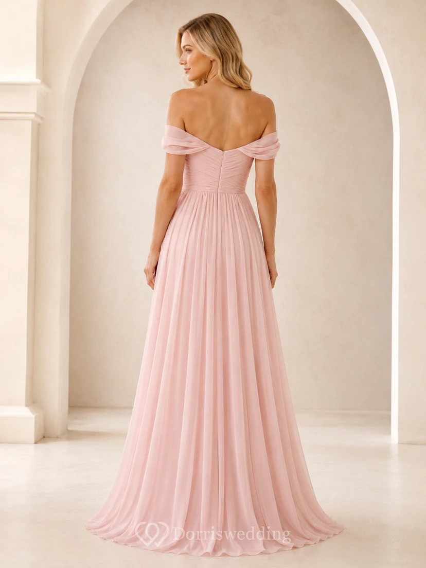 Blush Off-Shoulder Sweetheart Ruched Chiffon Romantic A-Line Bridesmaid Gown Reception view 2
