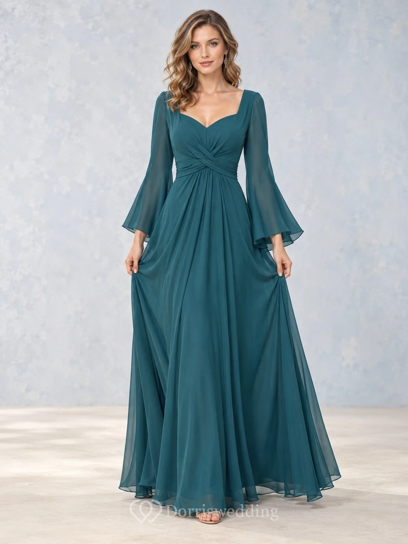 Vestido de noche largo de gasa color verde azulado, formal, con escote corazón, mangas acampanadas, cintura fruncida y corte en A.
