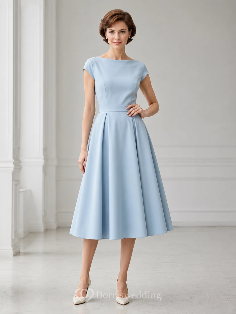 Powder Poise Sky Blue A-Line Tea-Length Bateau Short-Sleeve Satin Vintage Guest Dress