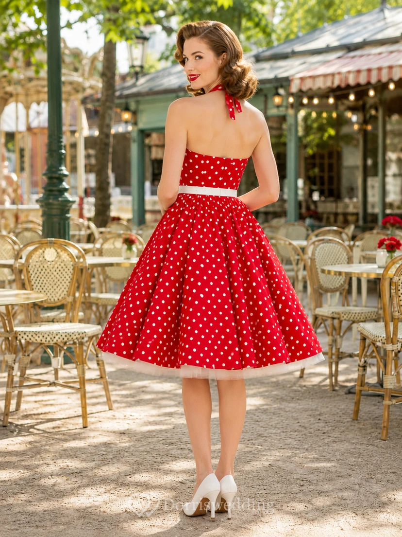 Robe de cocktail vintage rouge à pois, dos nu, sans manches, en satin, longueur thé view 2
