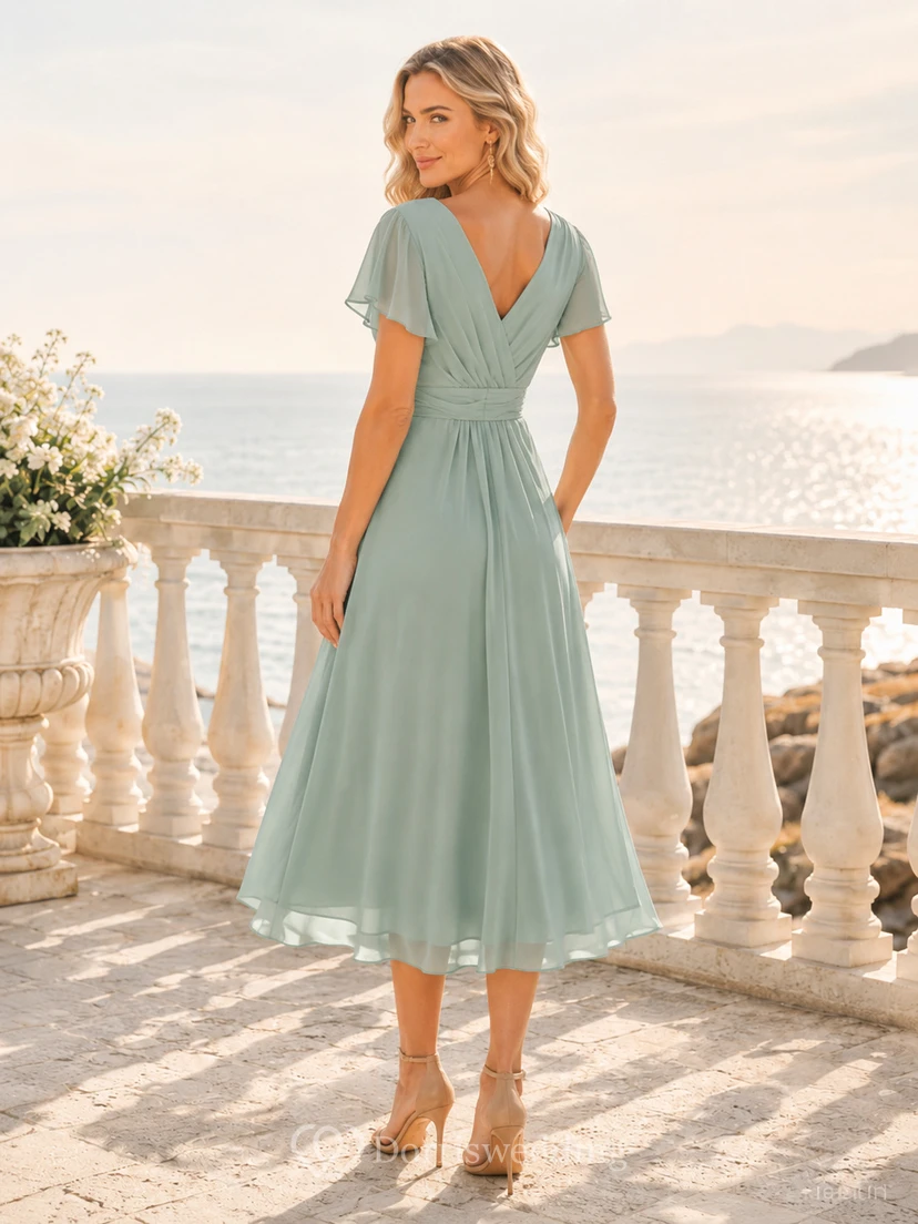 Salbeigrünes Küstenhochzeitsgastkleid, A-Linie, Chiffon, V-Ausschnitt, kurze Ärmel, Teelänge, lässig view 2