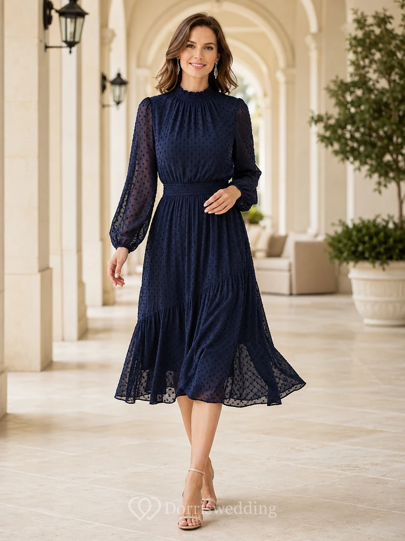Dark Navy High Neck Lace Bishop Sleeve Midi Guest Dress
