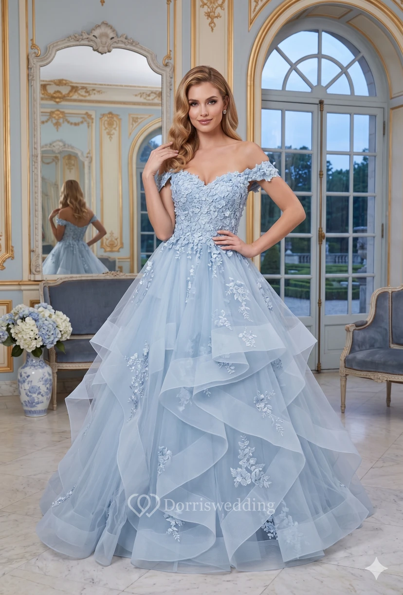 Robe de bal brodée bleu clair à épaules dénudées view 4