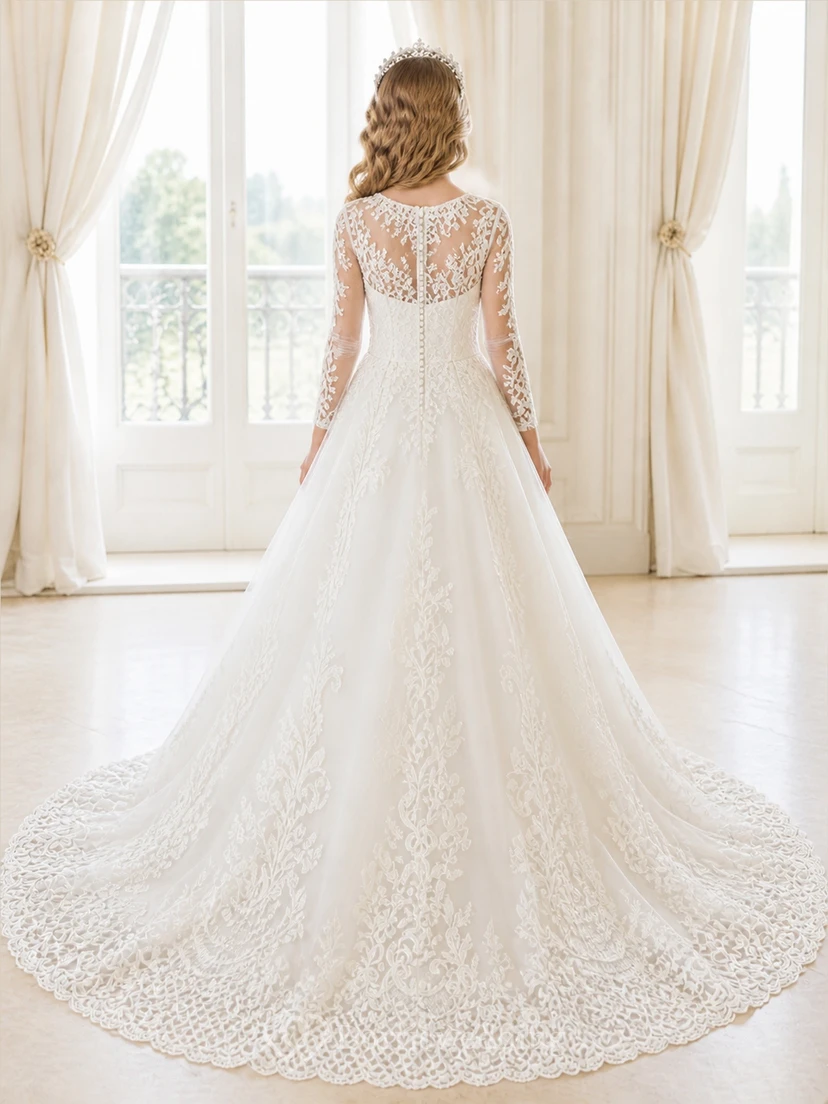 Princess A-Line Scoop Long Sleeve Floral Lace Cathedral Train Flowergirl Dress view 2
