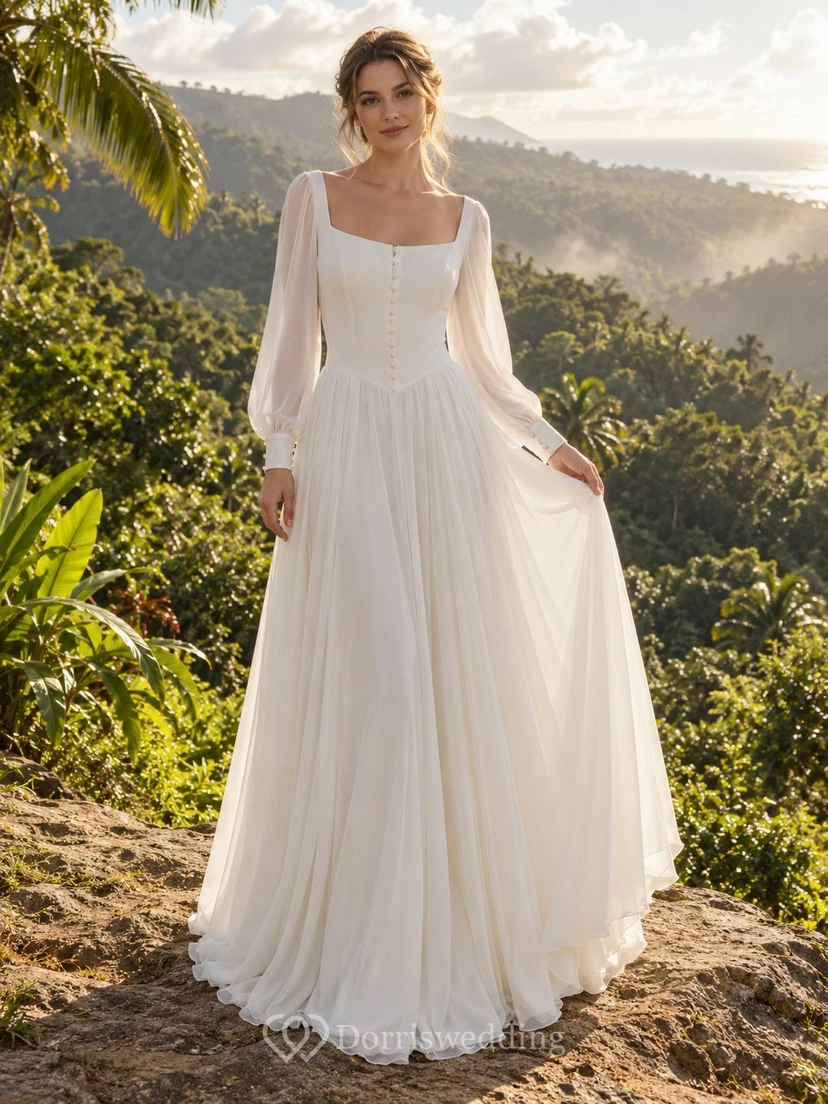 Chiffon-Brautkleid mit eckigem Ausschnitt, langen Ärmeln, Knopfleiste am Oberteil und A-Linien-Schleppe