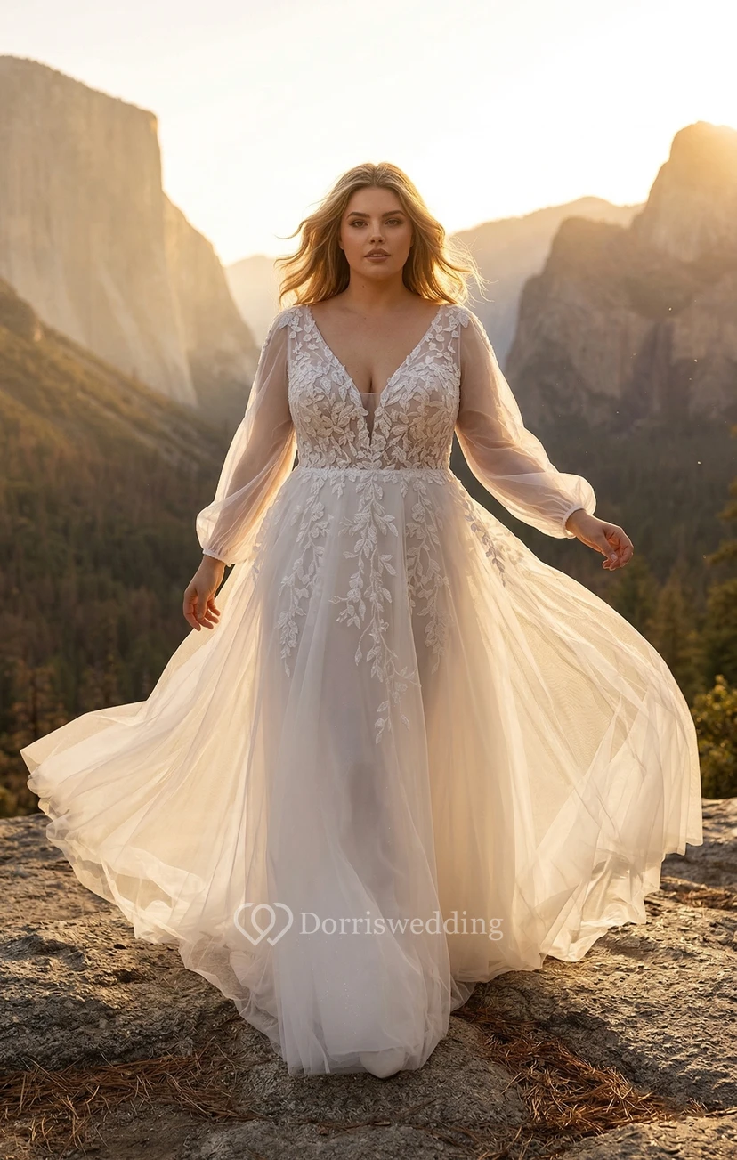 Plus Size Boho Long Sleeve A-Line Wedding Dress with V-Neck Lace Bodice and Tulle Skirt