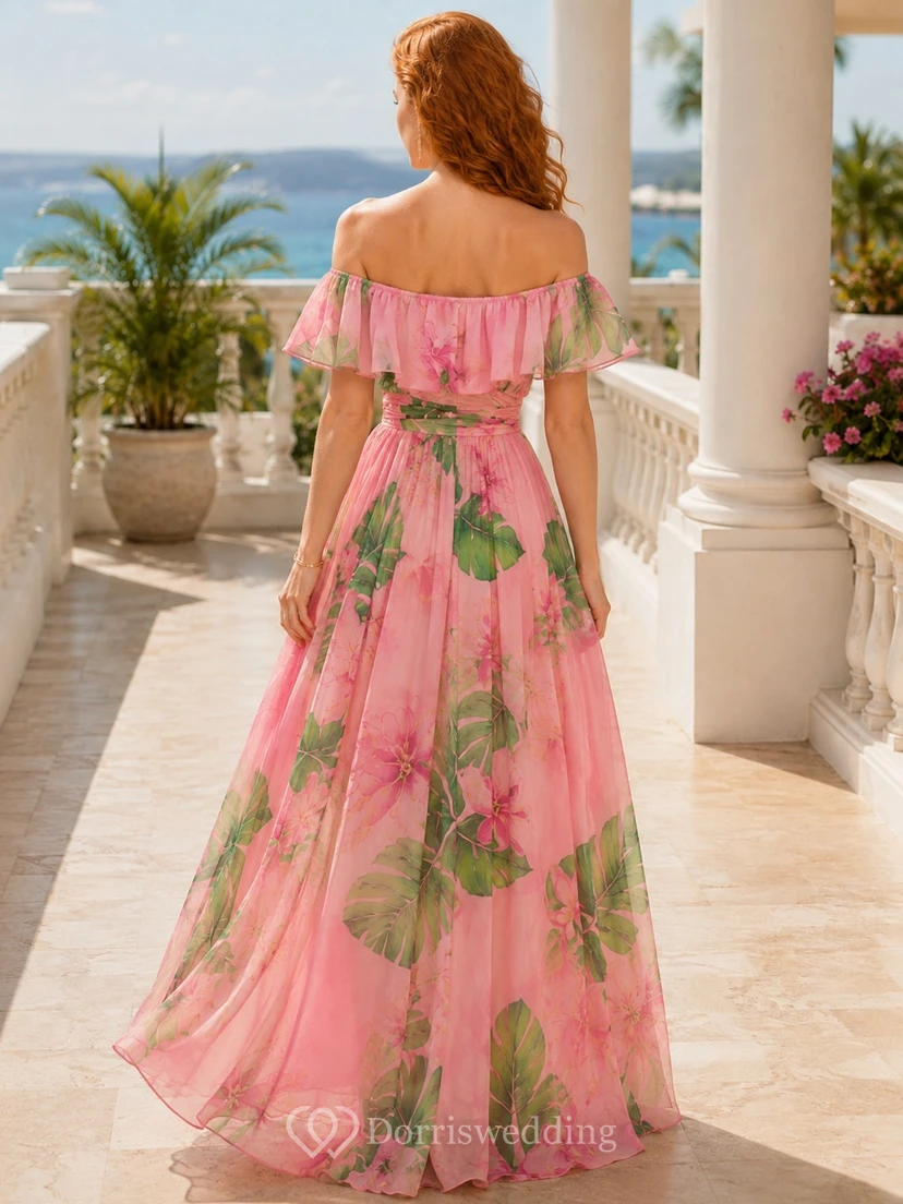 Pink Green Floral Print Off-Shoulder A-Line High-Low Chiffon Romantic Guest Dress view 2