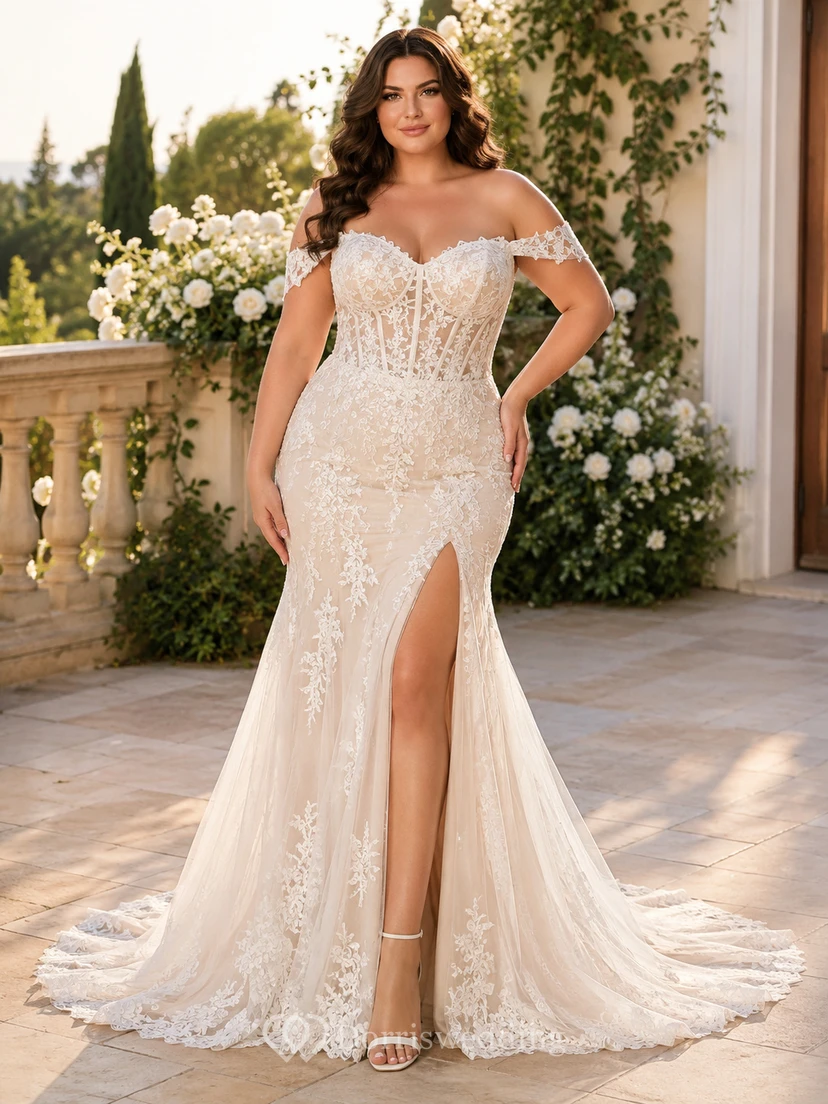 Robe de mariée sirène en dentelle et tulle, épaules dénudées, traîne et fente
