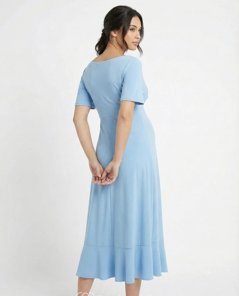 Sky Blue Maternity Dress with V-Neck, Short Sleeves, Side Ruffle & Ankle-Length Skirt view 2