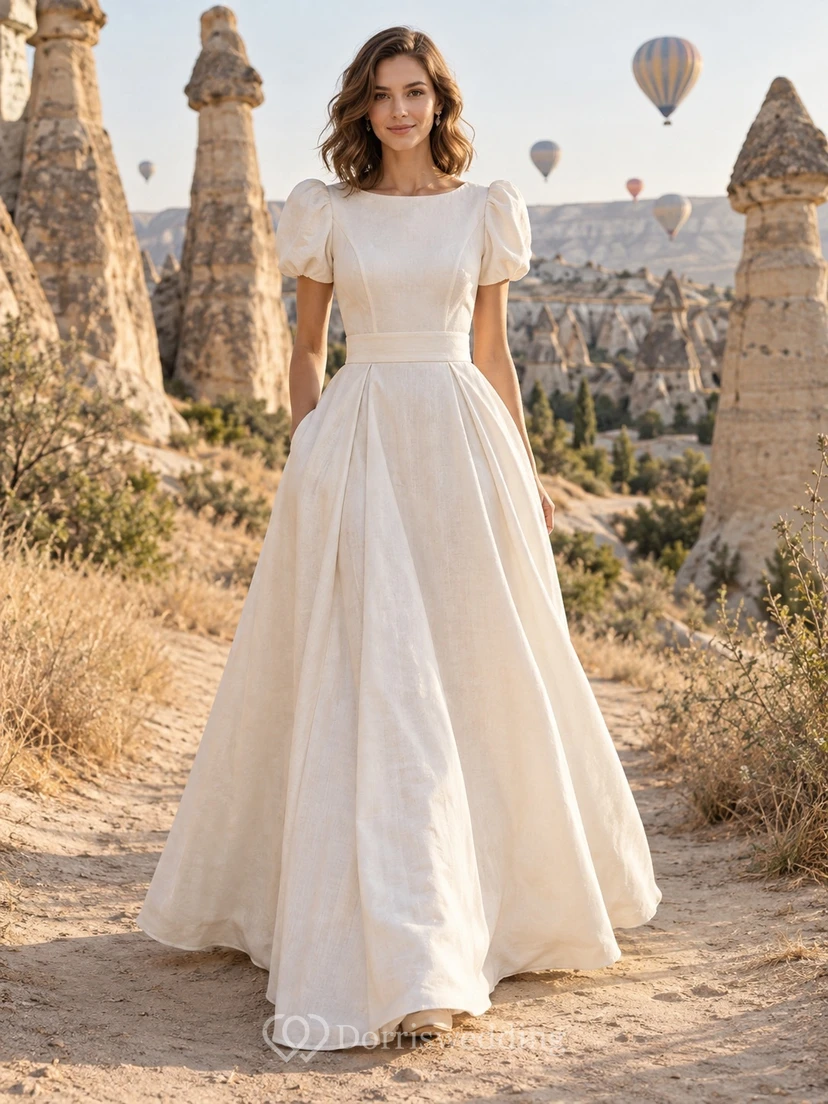 Vestido de novia sencillo y modesto de corte A con escote barco y mangas cortas abullonadas