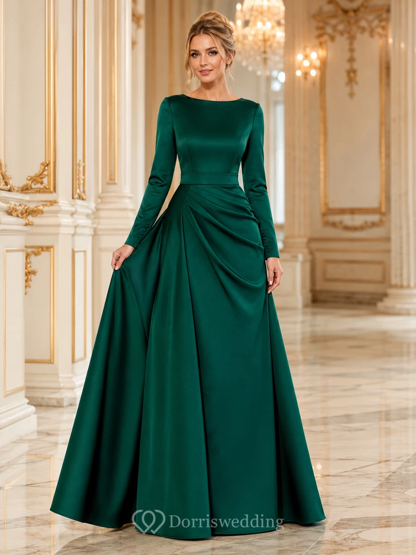 Emerald Long Sleeve Satin A Line Modest Gala Gown