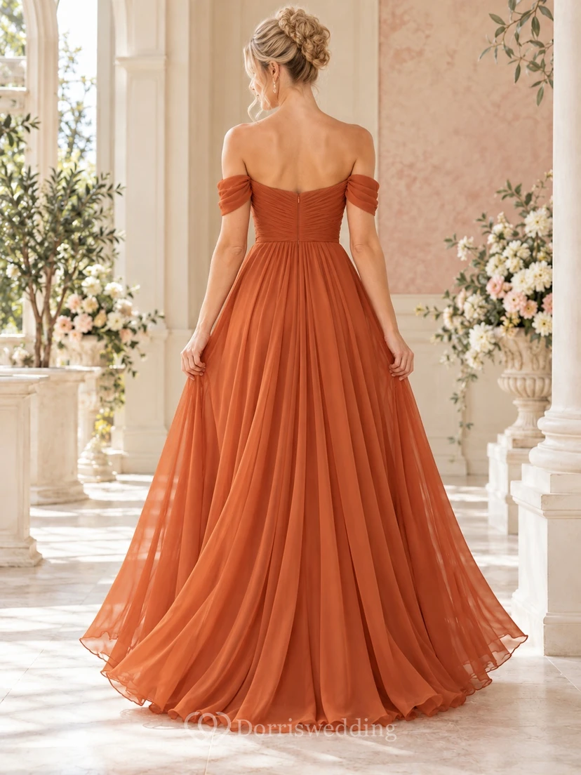 Burnt Orange Sweetheart Off Shoulder Chiffon Slit Evening Gown view 2