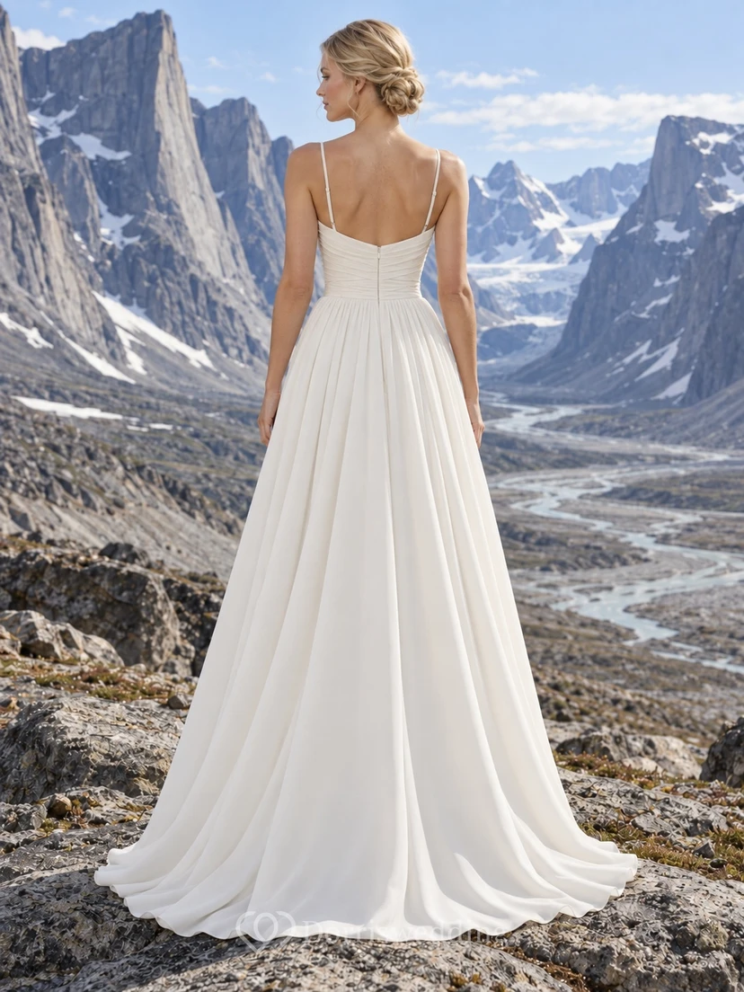 Simple Scoop Neck Crepe Wedding Dress with Fine Straps and Ruched A-Line Bodice view 2