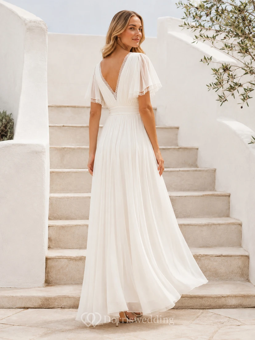 Simple V Neck Flutter Sleeve Chiffon A Line Floor Length Civil Wedding Gown view 2