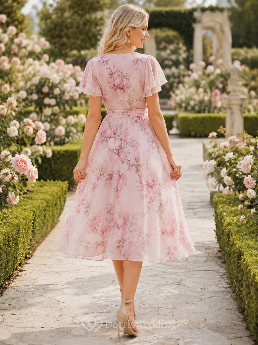 Blush Garden Wedding Guest Dress A-Line Chiffon V-Neck Short Sleeve Tea-Length Floral view 2