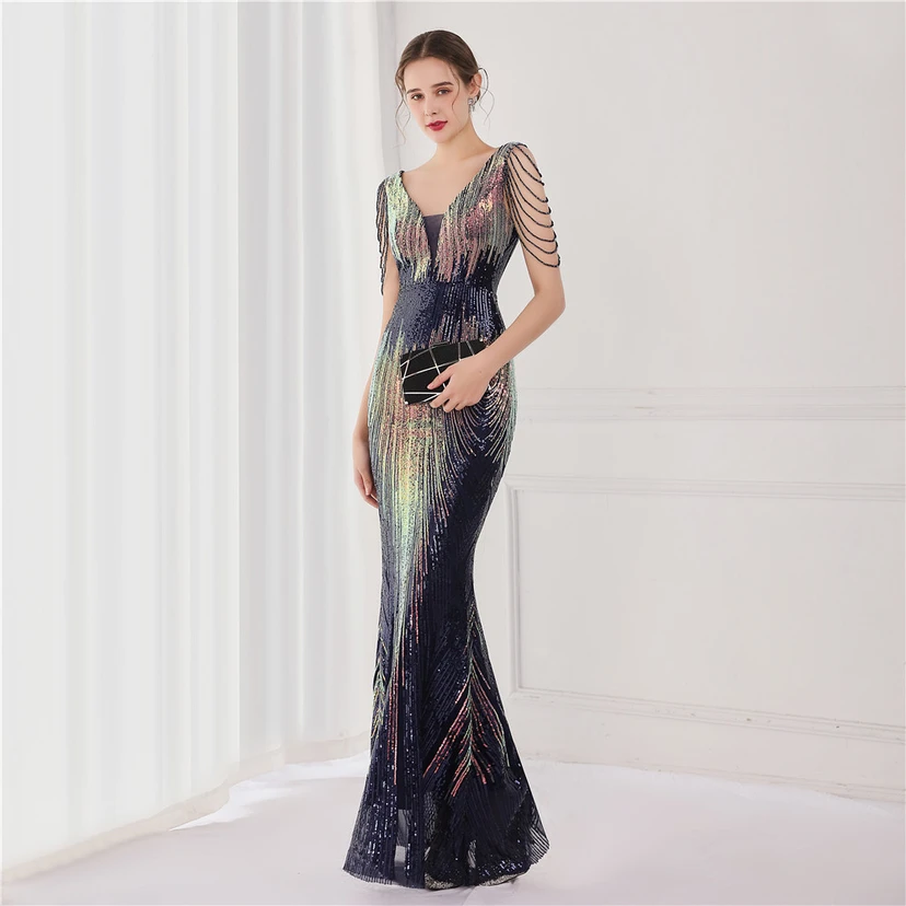 Vestido largo de lentejuelas con cola de pez, ideal para eventos, banquetes, eventos de celebridades y eventos de moda. Vestido de noche con etiqueta para modelos de automóviles. view 32
