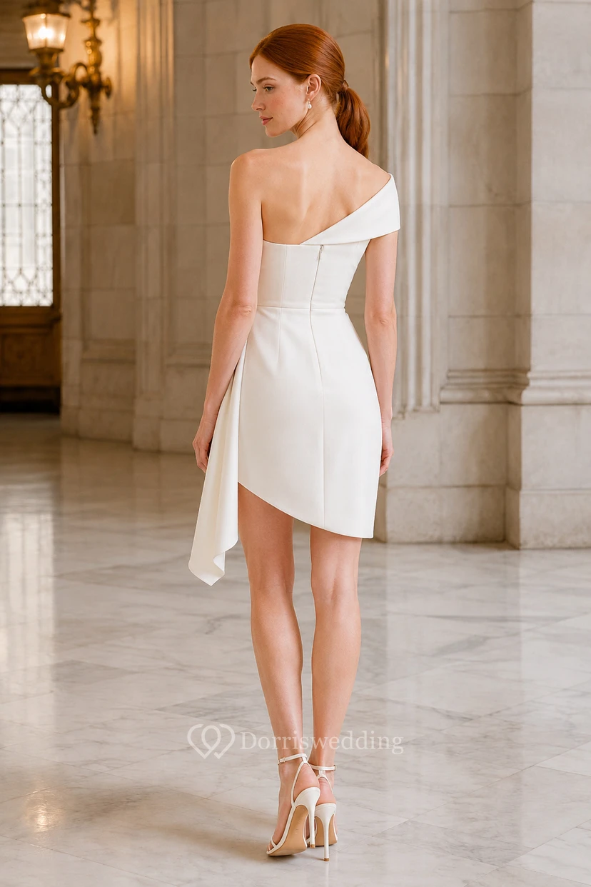 Robe de mariée courte fourreau blanche en satin à épaules dénudées et coupe portefeuille view 2