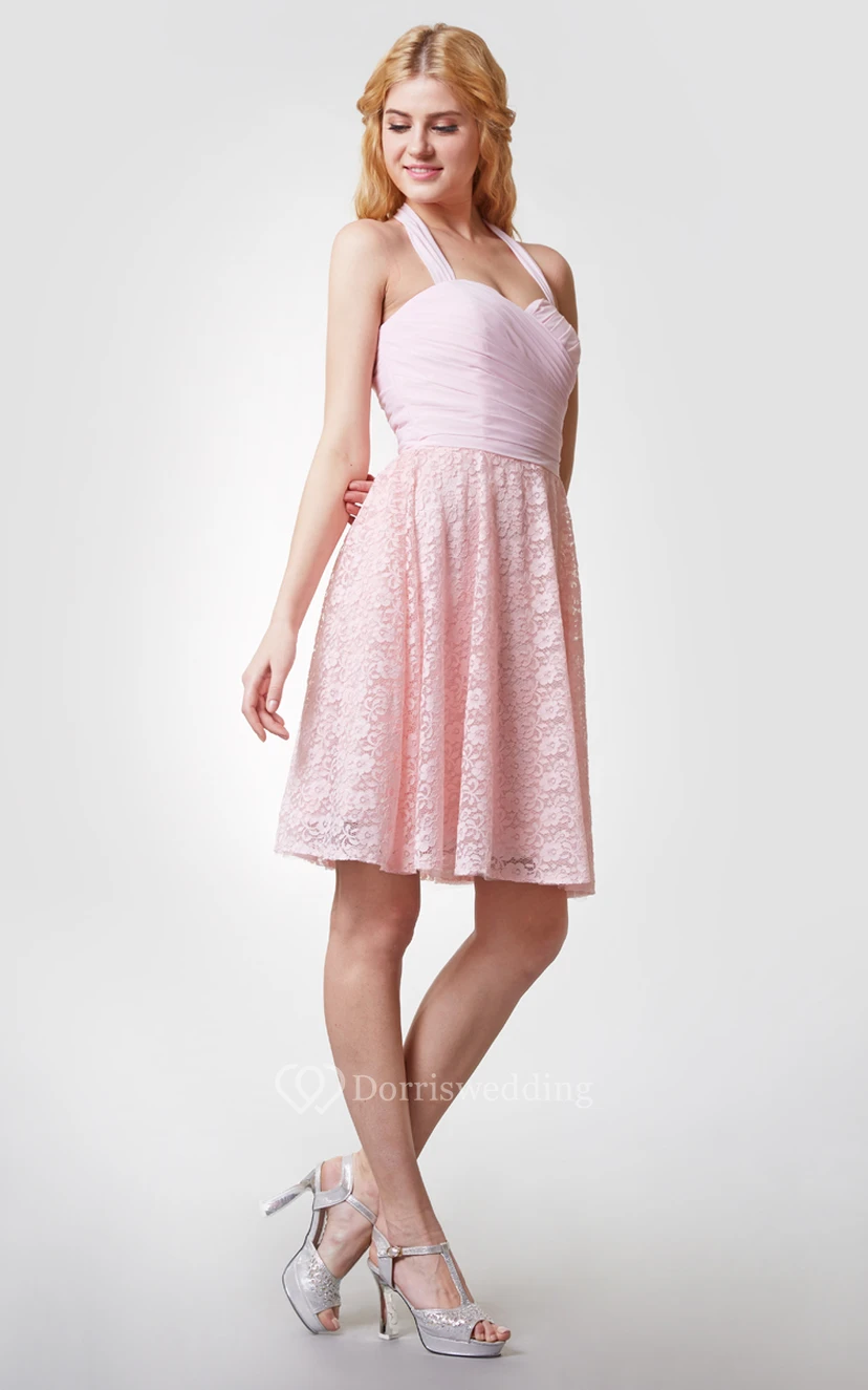 Sweet Halter Neck Short Lace Dress With Chiffon-top view 3