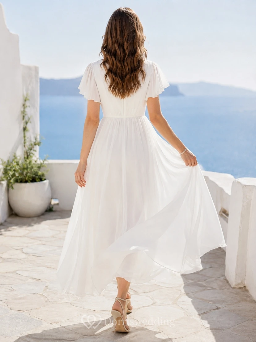 Casual Short Sleeve V-neck Chiffon High-low Destination Wedding Dress view 2