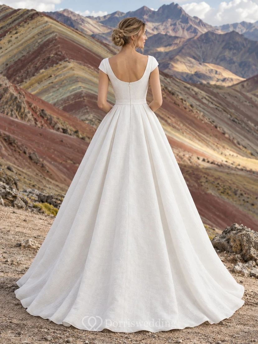 Vestido de novia sencillo de lino con mangas cortas estilo barco, cintura y falda en línea A. view 2