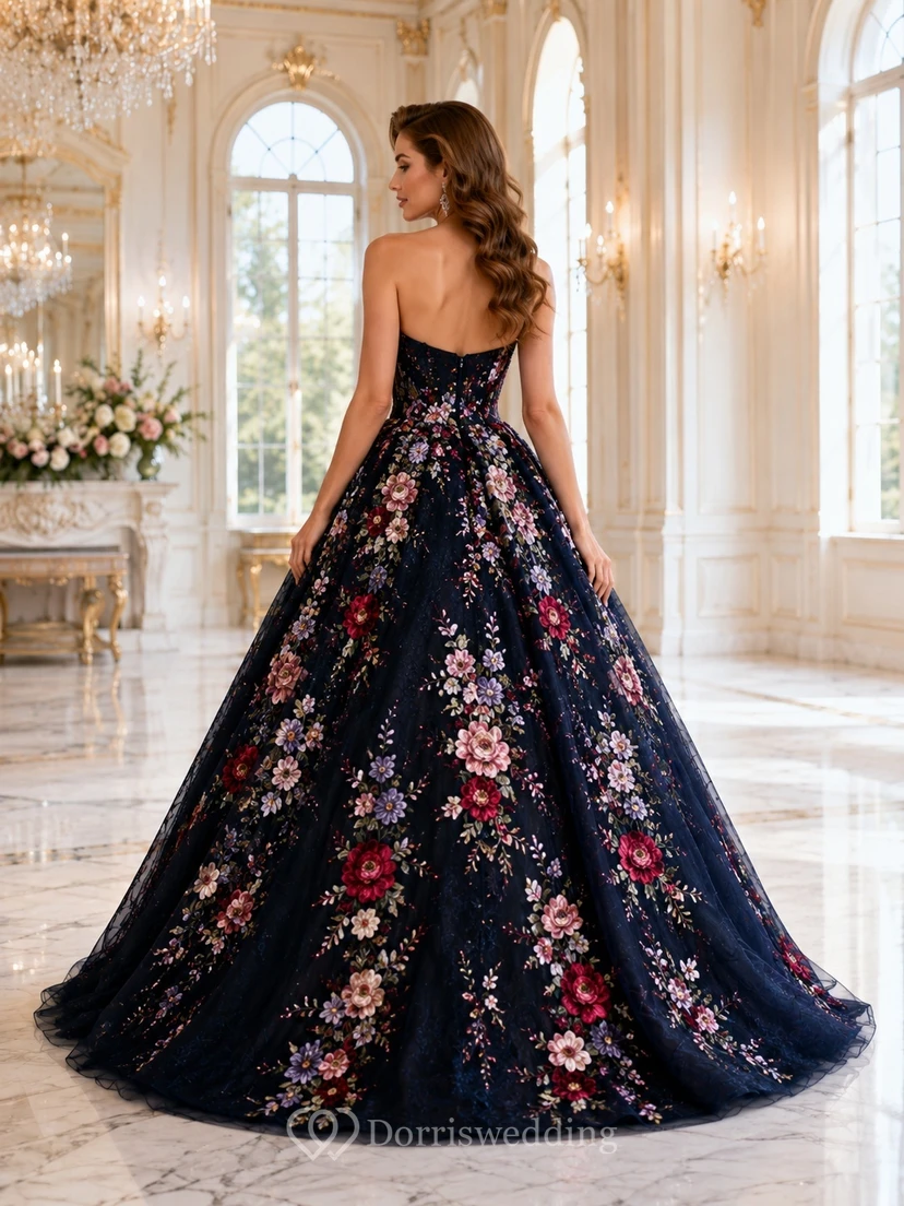 Black Multicolor Floral Strapless Sweetheart Applique Ball Gown Sweep Train Luxury Dress view 2