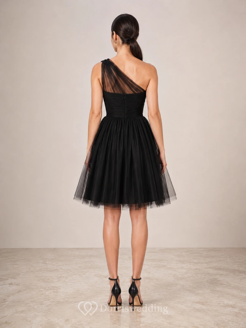 Black One-Shoulder Illusion Tulle Cocktail Dress view 2