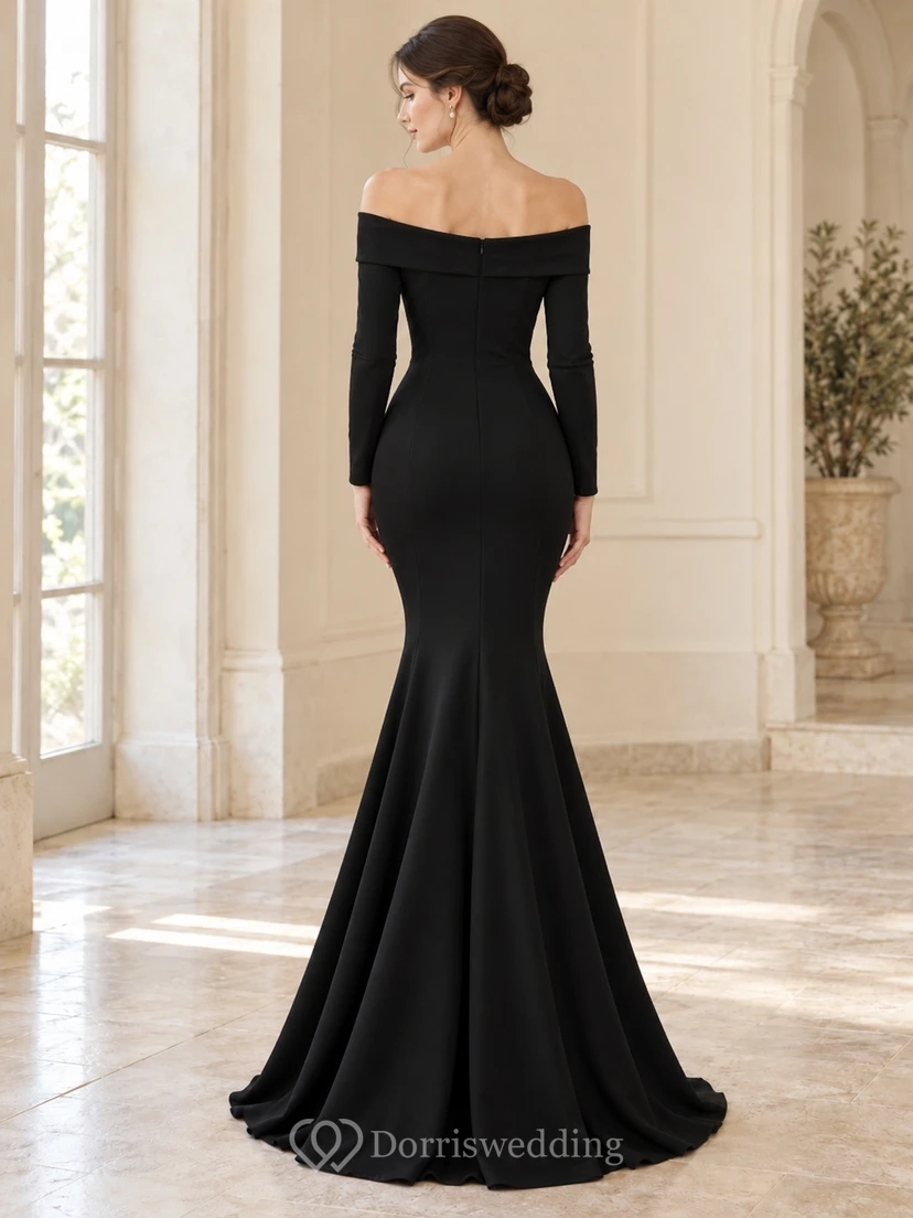Robe de soirée sirène noire simple à manches longues et épaules dénudées, longueur au sol view 2