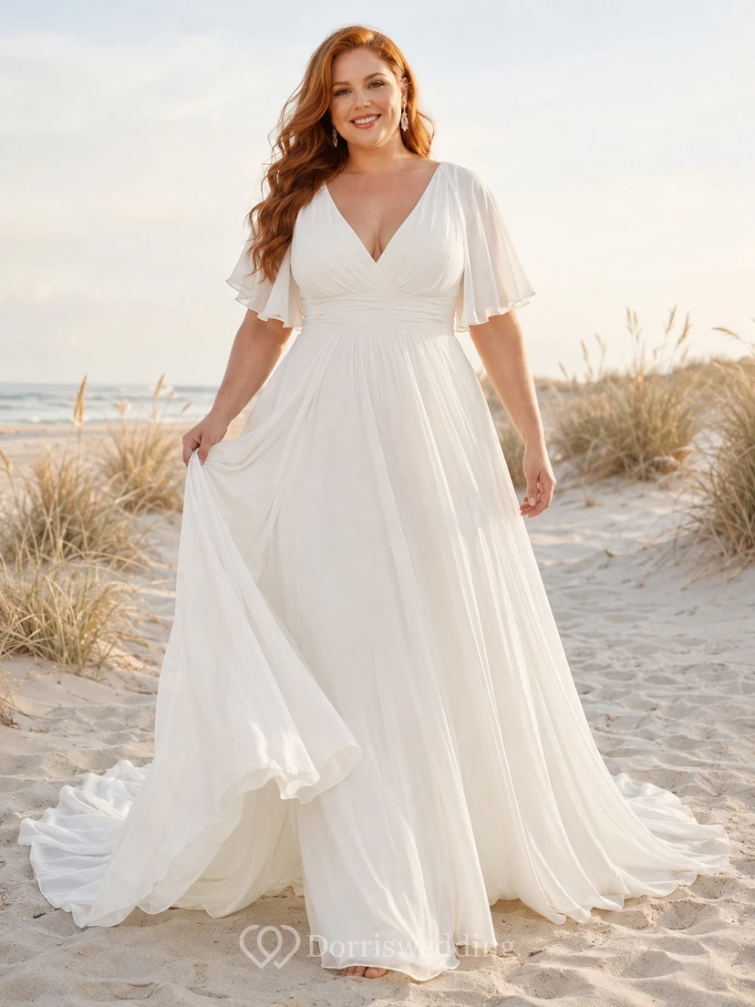 Plus-Size Flutter V-Neck A-Line Floor-Length Short-Sleeve Chiffon Beach Bridal Gown