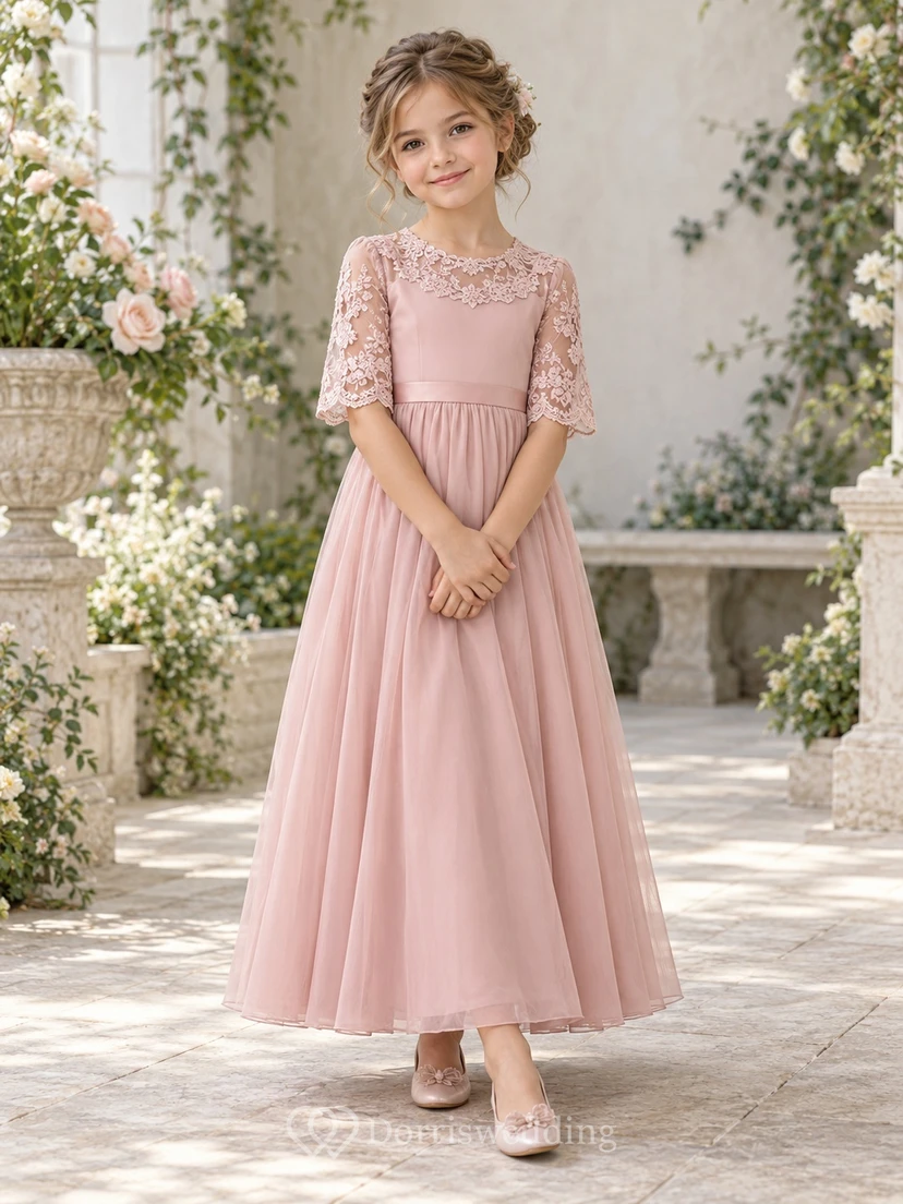 Dusty Rose Lace Neck Elbow Sleeve Flower Girl Dress