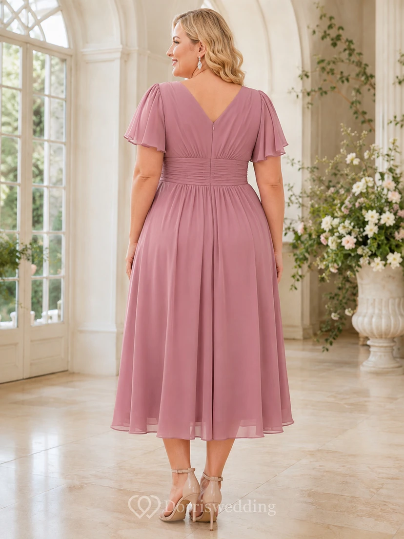 Dusty Rose Plus Size V Neck Flutter Sleeve Chiffon Tea Length A Line Occasion Dress view 2