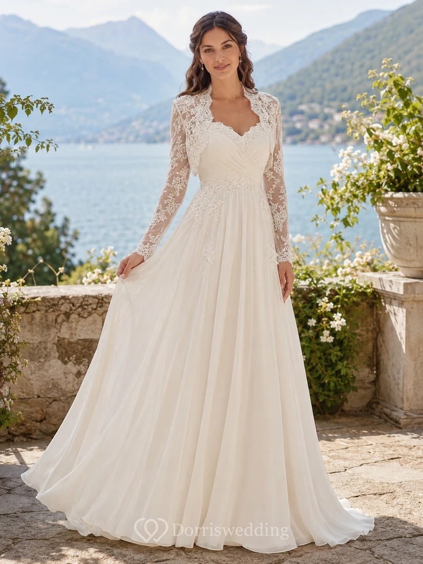 Vestido de novia formal modesto de manga larga con escote en V y corte en A.
