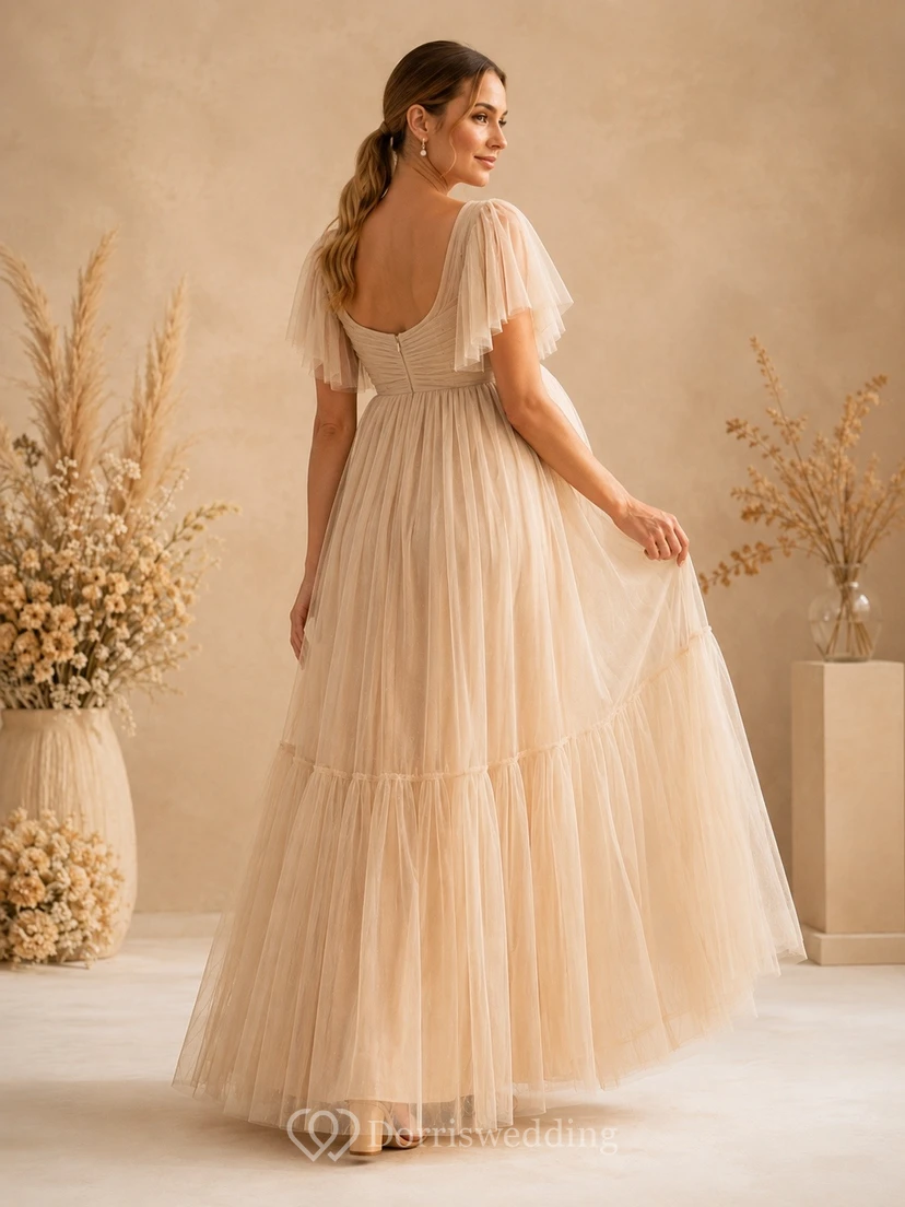 Champagne Puff Sleeve Tiered Maternity Chiffon Maxi Dress view 2