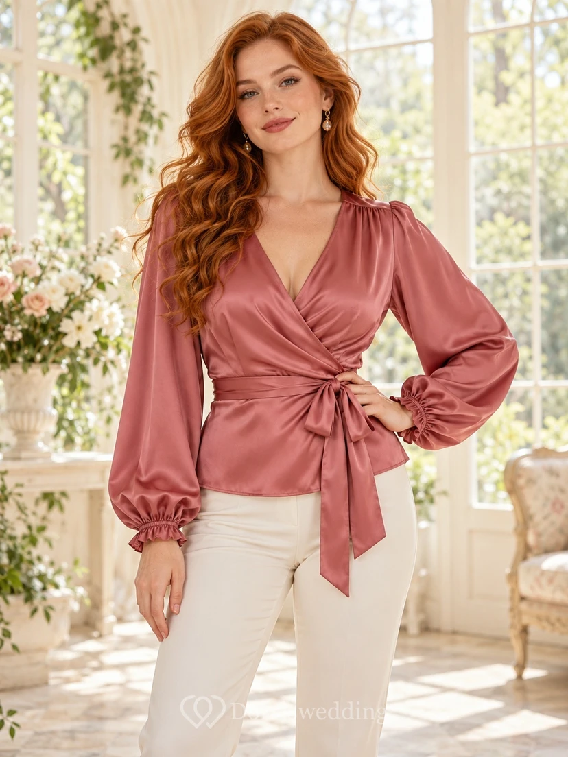 Vintage Dusty Rose V-Neck Long Sleeve Satin Wrap Tie Blouse