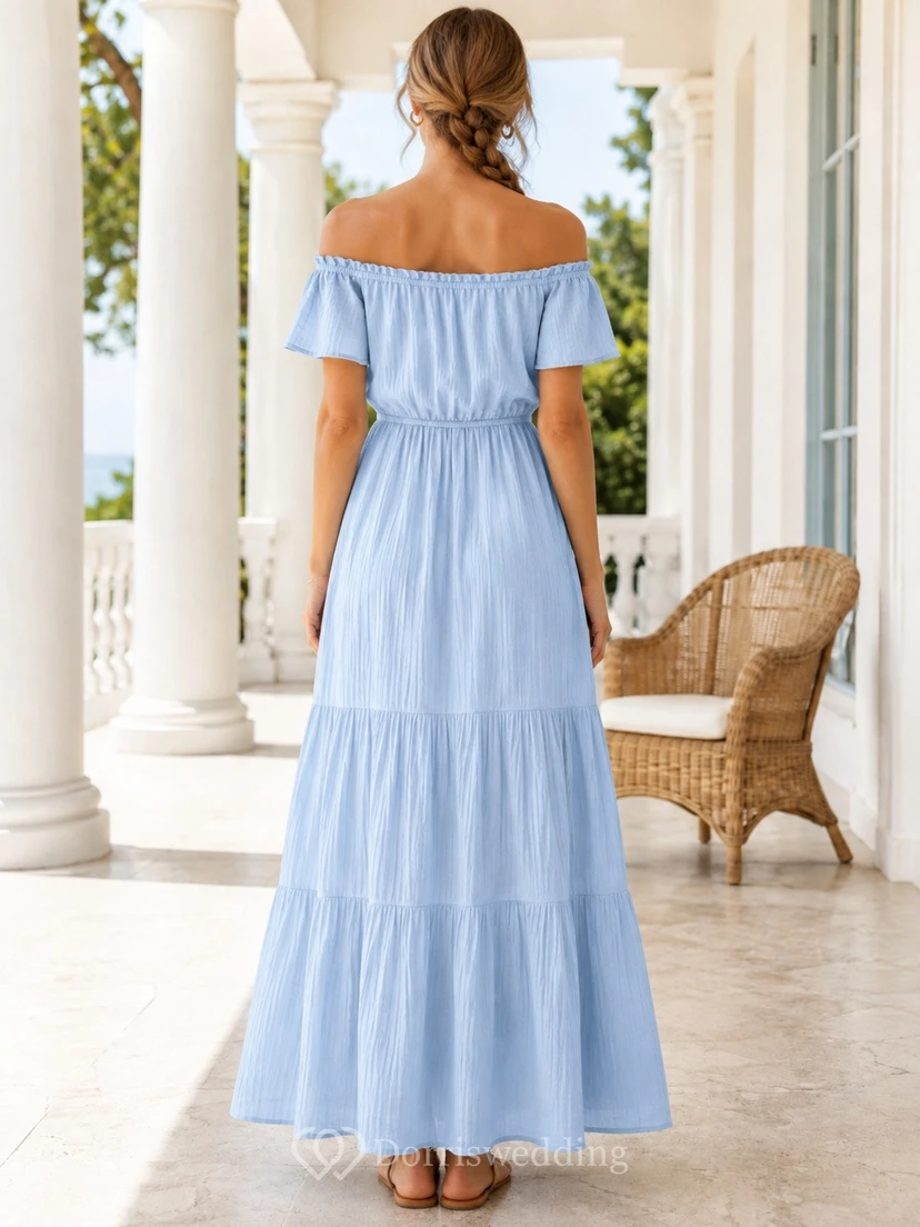 Sky Blue Cotton Gauze Off-the-Shoulder Short-Sleeve Tiered A-Line Dress view 2