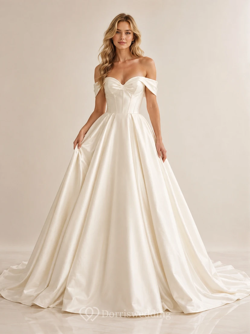 Lujoso vestido de novia de satén con escote corazón y hombros descubiertos, estilo capilla, romántico, corte cortejo nupcial.