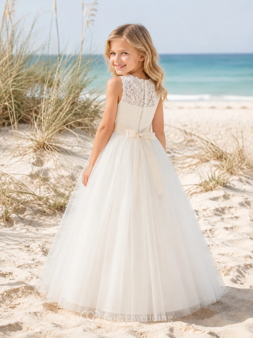 Vestido de niña de las flores de corte A para verano, ideal para ceremonias en la playa, con corpiño de encaje sin mangas, falda vaporosa de tul y dobladillo hasta el suelo. view 2