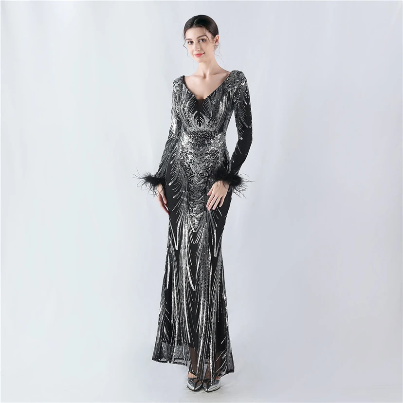 Robe de soirée haut de gamme ornée de perles florales fixes et de poils d'autruche, hôte de la réunion annuelle d'hiver view 19