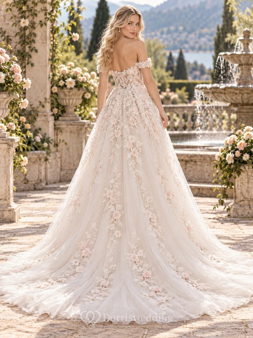 Brautkleid mit Blumenapplikationen, schulterfreiem Ausschnitt und A-Linien-Schnitt aus Tüll und Blumenapplikationen view 2