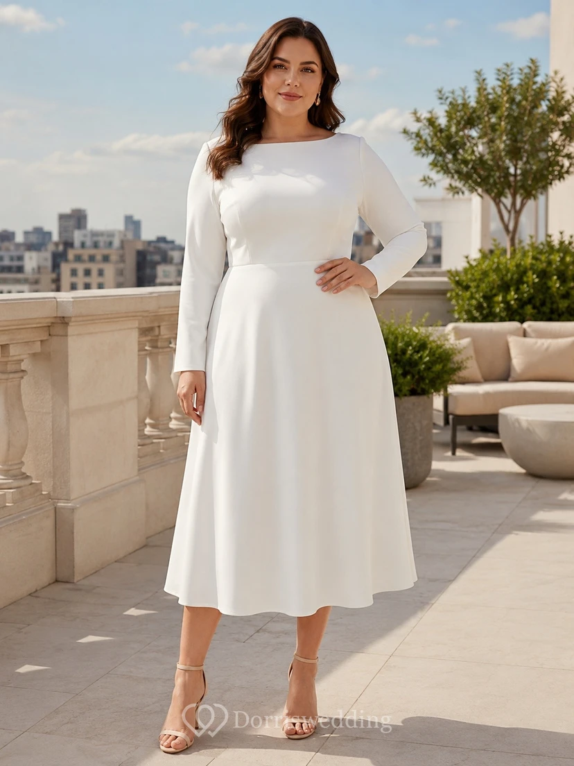 Plus Size White High Neck Long Sleeve Sheath Midi Dress