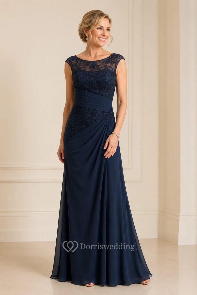 Chiffon-Etui-Kleid mit Rundhalsausschnitt und seitlicher Drapierung, das die Mutter der Braut ziert view 8